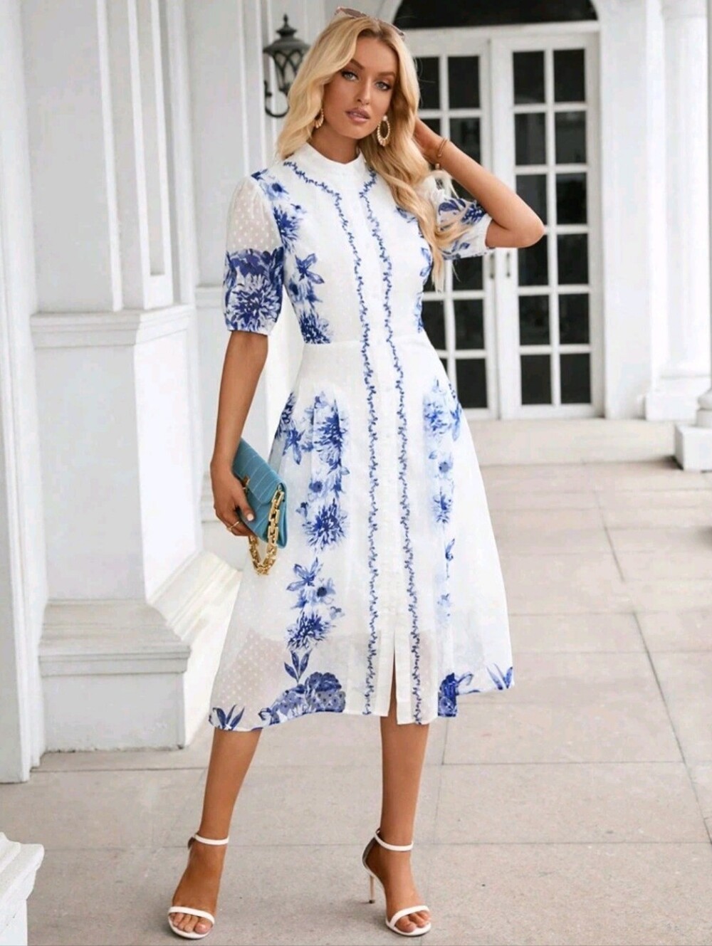 Shein Floral Midi Dress Button Front Short Sleeve Blue White Sz L